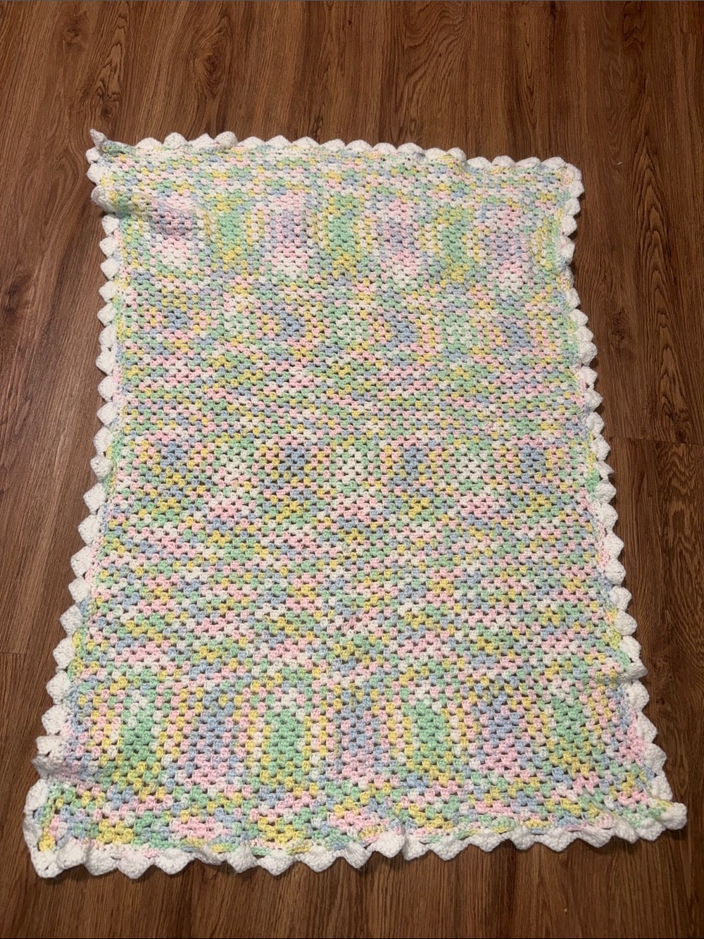 Handmade Pastel Crochet Baby Blanket with White Scalloped Edge
